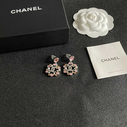 DOUBLE C STUD EARRINGS IN SILVER METAL WHITE & PINK STONES