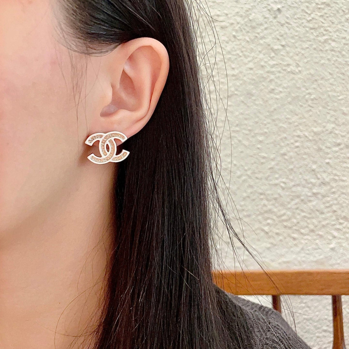 DOUBLE C STUD EARRINGS WITH WHITE TRIM AND CENTER STONE
