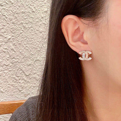 DOUBLE C STUD EARRINGS IN SILVER METAL FULLY DIAMOND