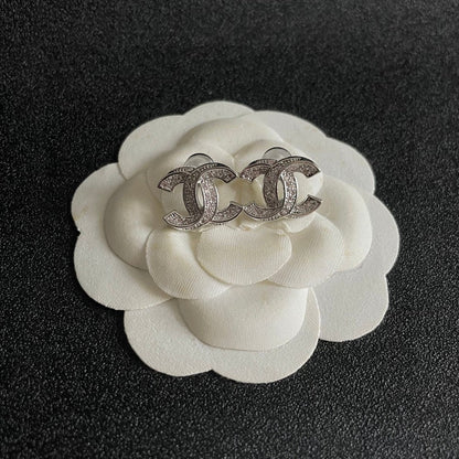 DOUBLE C STUD EARRINGS IN SILVER METAL FULLY DIAMOND