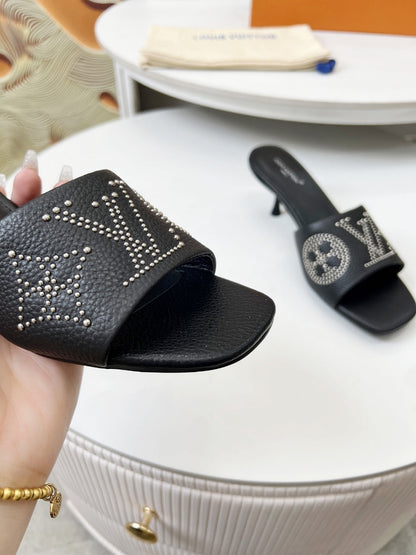 HIGH MULE IN BLACK LAMBSKIN WITH RHINSTONES 55 MM