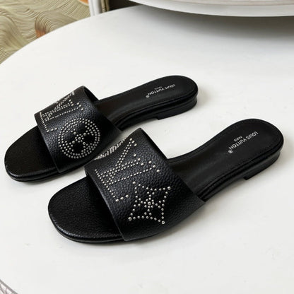 FLAT SLIDE IN BLACK LAMBSKIN WITH RHINSTONES
