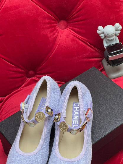 HIGH MARY JANE SHOES LIGHT BLUE WOOL TWEED