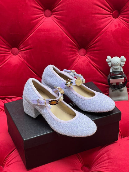 HIGH MARY JANE SHOES LIGHT BLUE WOOL TWEED