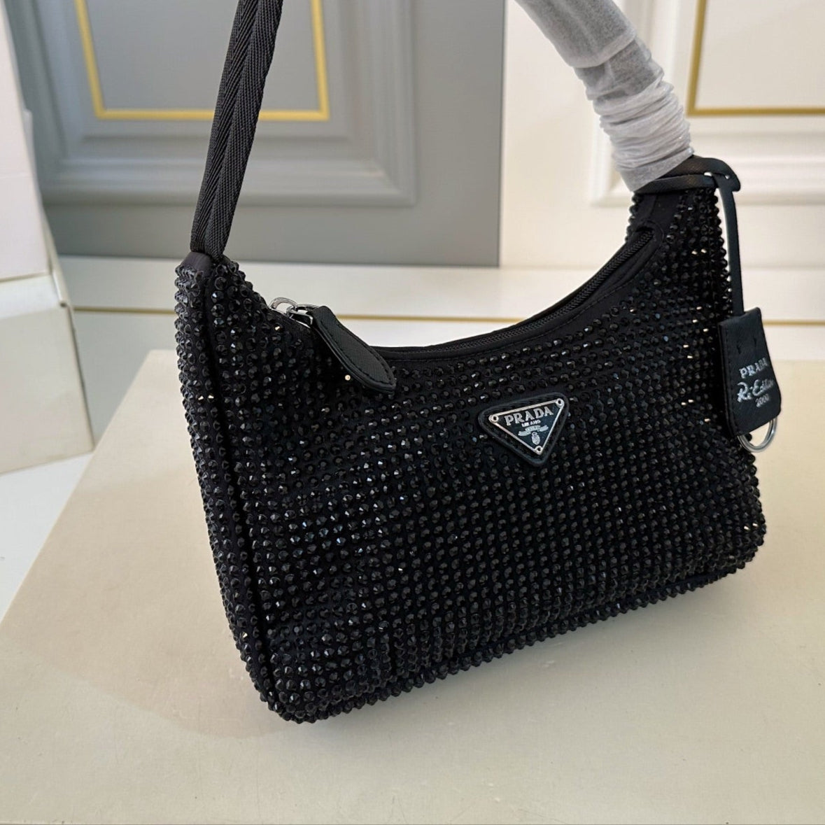 RE-EDITION HOBO SHOULDER BAG 21 IN BLACK STUDDED RE-NYLON