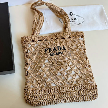 EMBROIDED LOGO TOTE BAG 32 IN BROWN WOVEN RAFFIA TRIANGLE PATTERN
