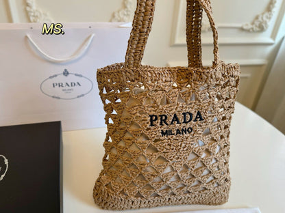 EMBROIDED LOGO TOTE BAG 32 IN BROWN WOVEN RAFFIA TRIANGLE PATTERN