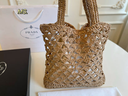 EMBROIDED LOGO TOTE BAG 32 IN BROWN WOVEN RAFFIA TRIANGLE PATTERN