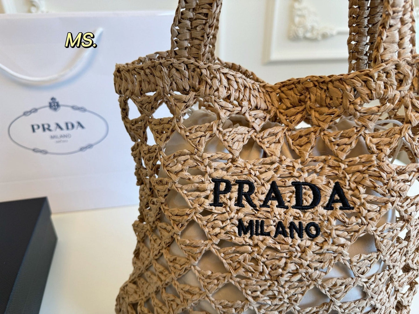 EMBROIDED LOGO TOTE BAG 32 IN BROWN WOVEN RAFFIA TRIANGLE PATTERN