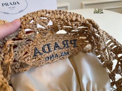 EMBROIDED LOGO TOTE BAG 32 IN BROWN WOVEN RAFFIA TRIANGLE PATTERN