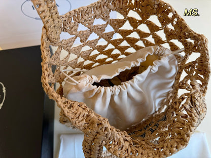 EMBROIDED LOGO TOTE BAG 32 IN BROWN WOVEN RAFFIA TRIANGLE PATTERN