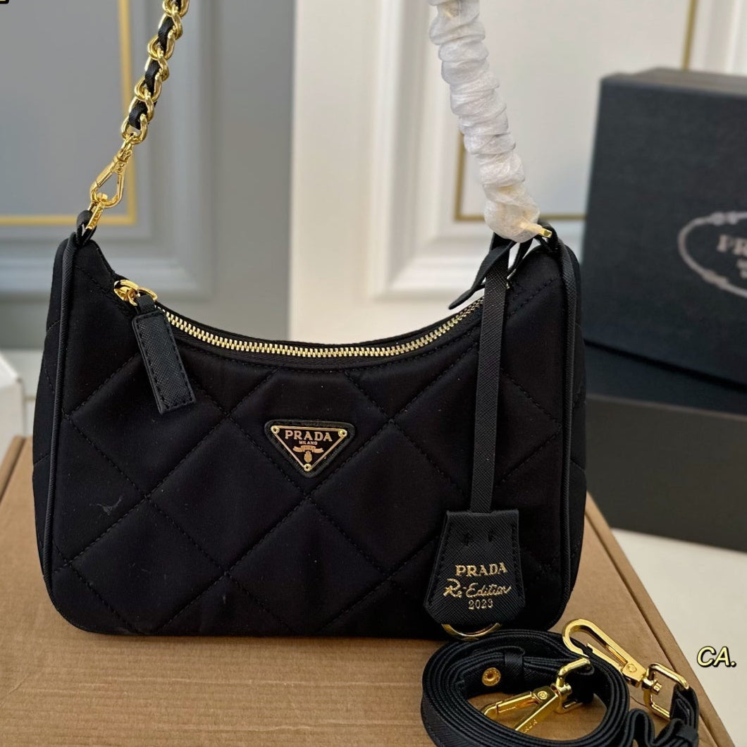 QUILTED HOBO SHOULDER BAG 22 IN BLACK RE-NYLON GOLD HARDWARE