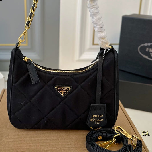 QUILTED HOBO SHOULDER BAG 22 IN BLACK RE-NYLON GOLD HARDWARE