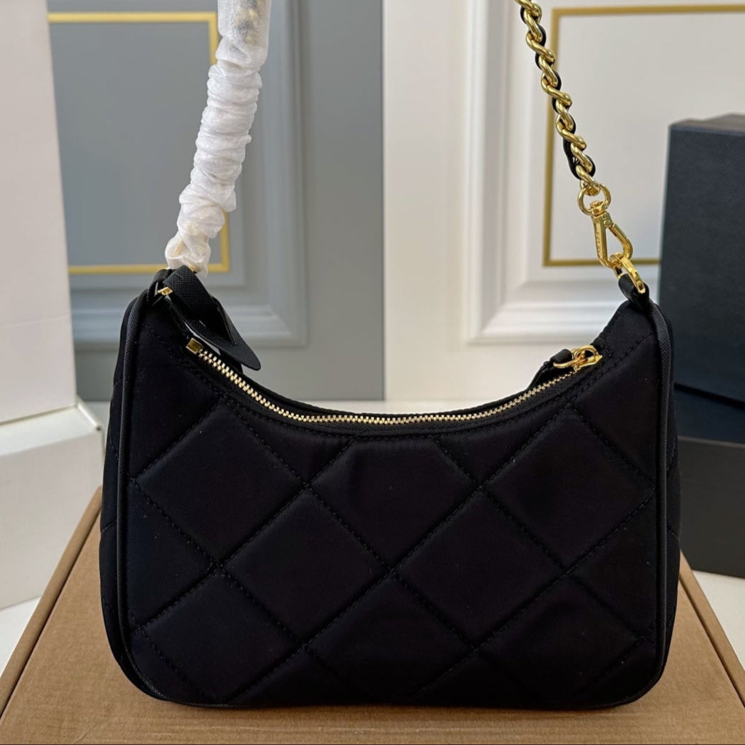 QUILTED HOBO SHOULDER BAG 22 IN BLACK RE-NYLON GOLD HARDWARE