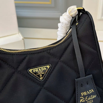 QUILTED HOBO SHOULDER BAG 22 IN BLACK RE-NYLON GOLD HARDWARE