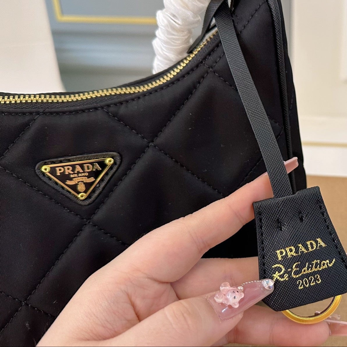 QUILTED HOBO SHOULDER BAG 22 IN BLACK RE-NYLON GOLD HARDWARE