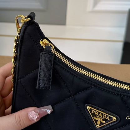 QUILTED HOBO SHOULDER BAG 22 IN BLACK RE-NYLON GOLD HARDWARE