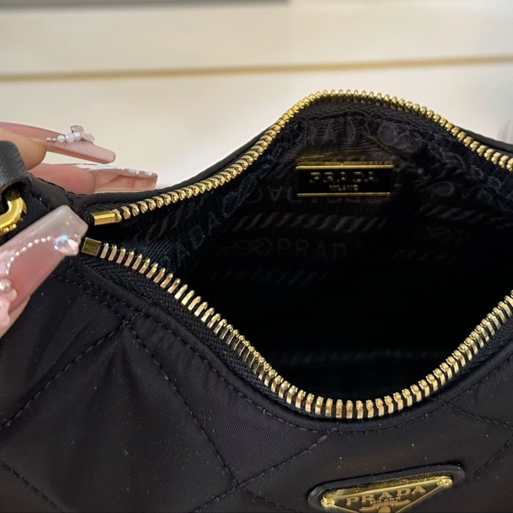 QUILTED HOBO SHOULDER BAG 22 IN BLACK RE-NYLON GOLD HARDWARE