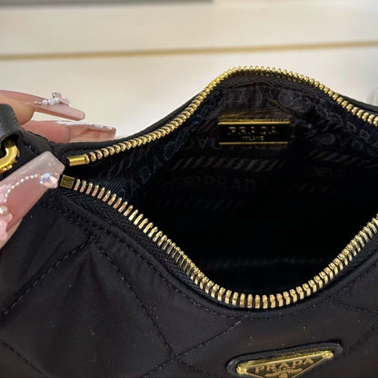 QUILTED HOBO SHOULDER BAG 22 IN BLACK RE-NYLON GOLD HARDWARE