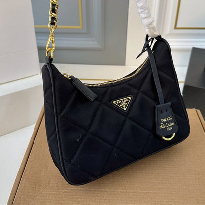 QUILTED HOBO SHOULDER BAG 22 IN BLACK RE-NYLON GOLD HARDWARE