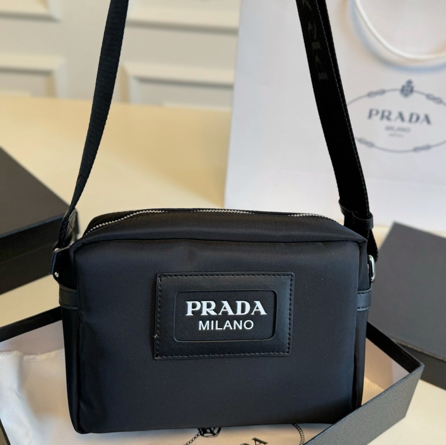 PRA MILANO LOGO CROSSBODY BAG 22 IN BLACK RE-NYLON