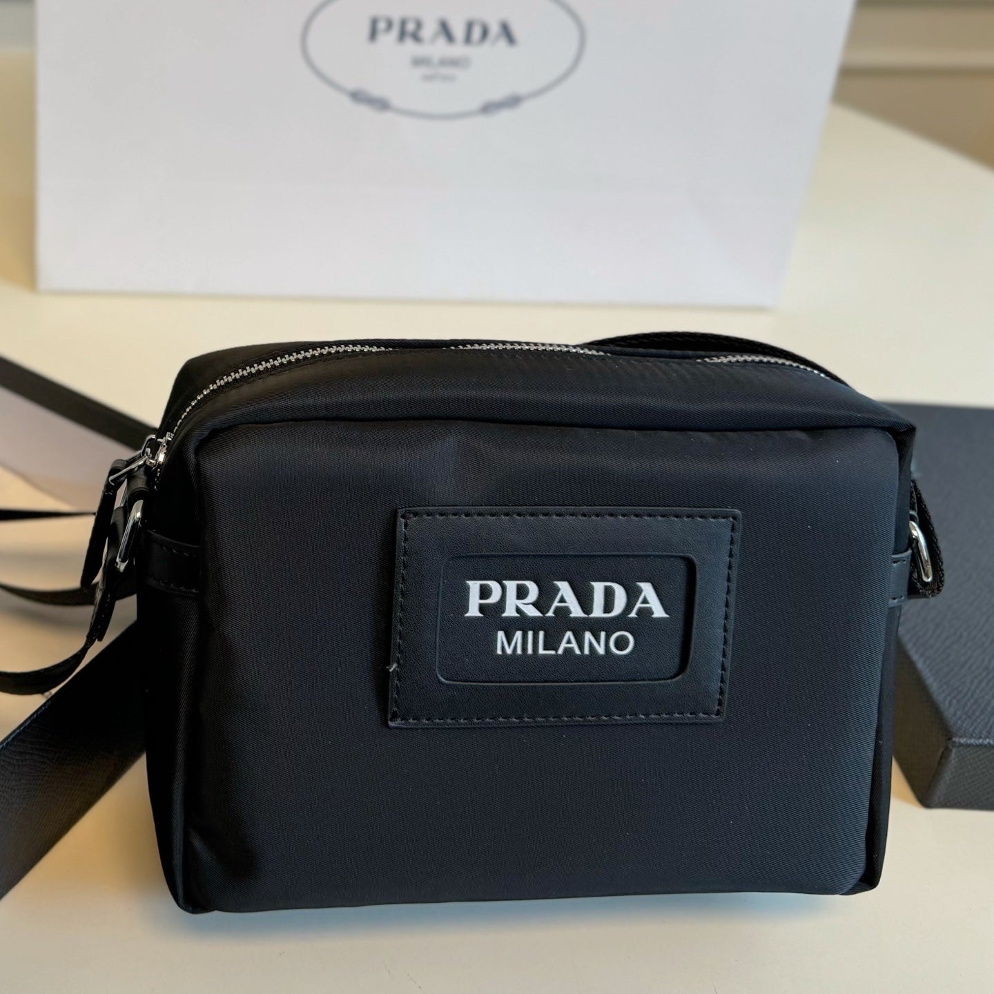 PRA MILANO LOGO CROSSBODY BAG 22 IN BLACK RE-NYLON