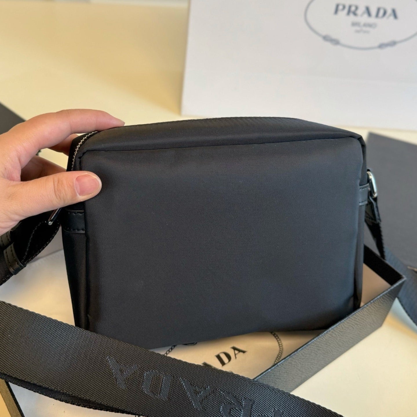 PRA MILANO LOGO CROSSBODY BAG 22 IN BLACK RE-NYLON