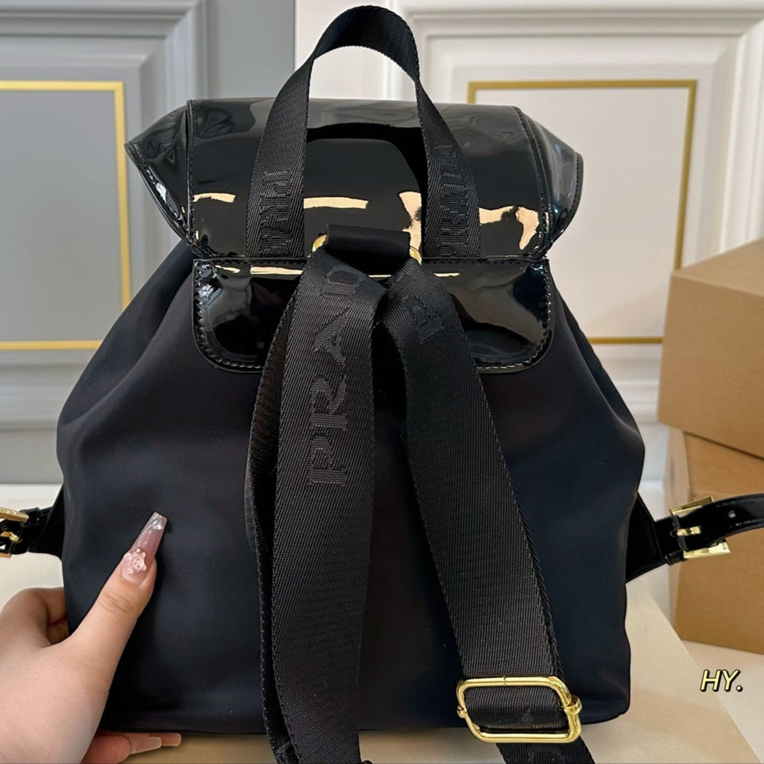 BACKPACK 30 IN BLACK RE-NYLON AND PATENT CALFSKIN GOLD HARDWARE