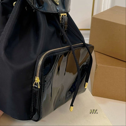 BACKPACK 30 IN BLACK RE-NYLON AND PATENT CALFSKIN GOLD HARDWARE