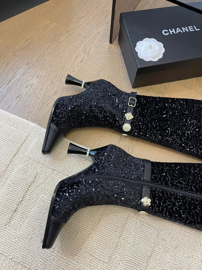 KNEE HIGH BOOTS IN BLACK CALFSKIN AND SEQUINS