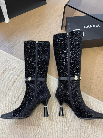 KNEE HIGH BOOTS IN BLACK CALFSKIN AND SEQUINS