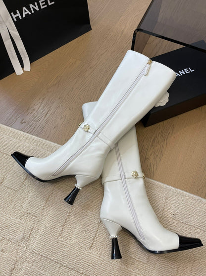 KNEE HIGH BOOTS IN WHITE MIX BLACK CALFSKIN