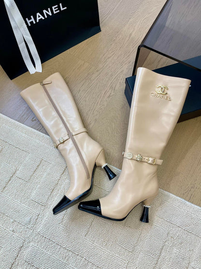KNEE HIGH BOOTS IN BEIGE MIX BLACK CALFSKIN