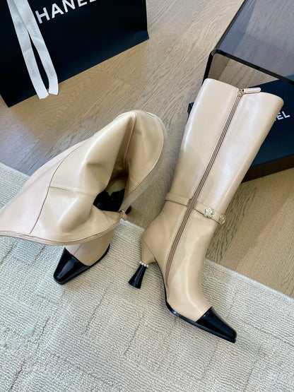 KNEE HIGH BOOTS IN BEIGE MIX BLACK CALFSKIN