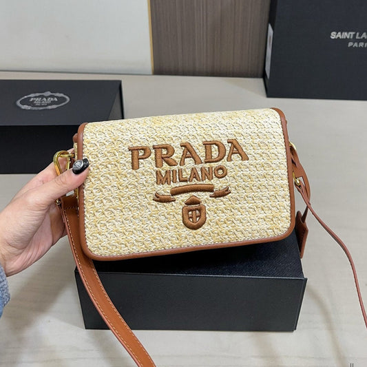 EMBROIDED LOGO SHOULDER BAG 20 IN BEIGE WOVEN RAFFIA