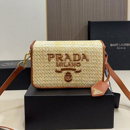 EMBROIDED LOGO SHOULDER BAG 20 IN BEIGE WOVEN RAFFIA