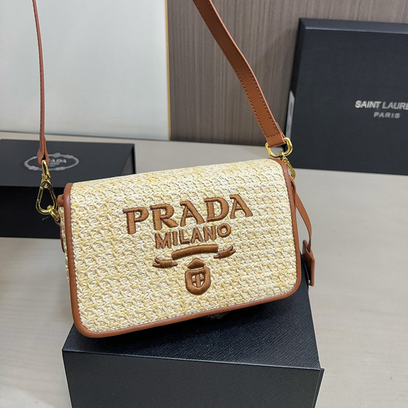 EMBROIDED LOGO SHOULDER BAG 20 IN BEIGE WOVEN RAFFIA