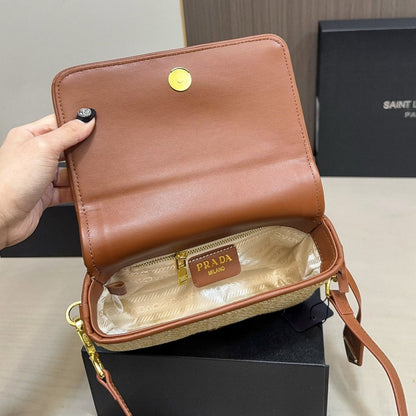 EMBROIDED LOGO SHOULDER BAG 20 IN BEIGE WOVEN RAFFIA