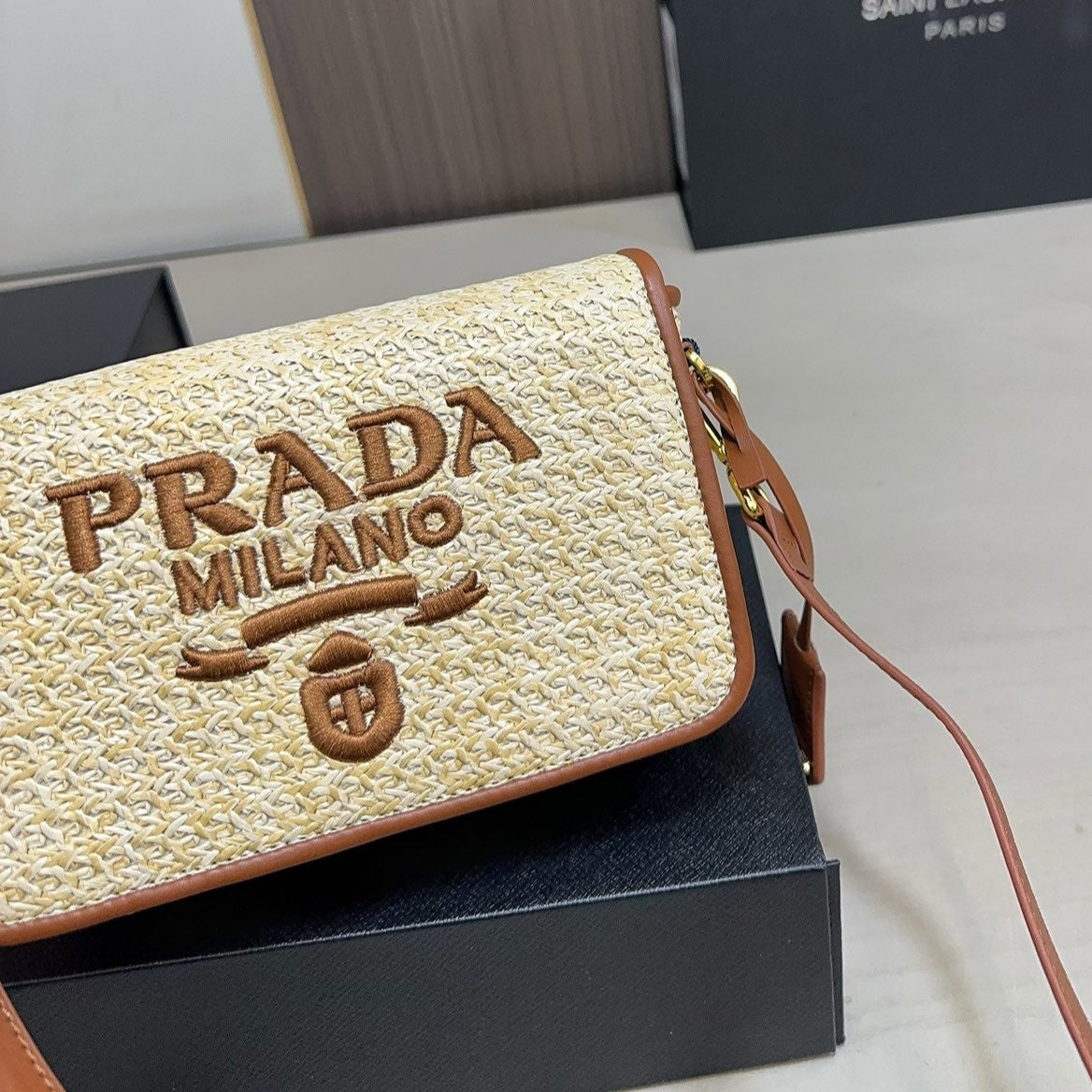 EMBROIDED LOGO SHOULDER BAG 20 IN BEIGE WOVEN RAFFIA