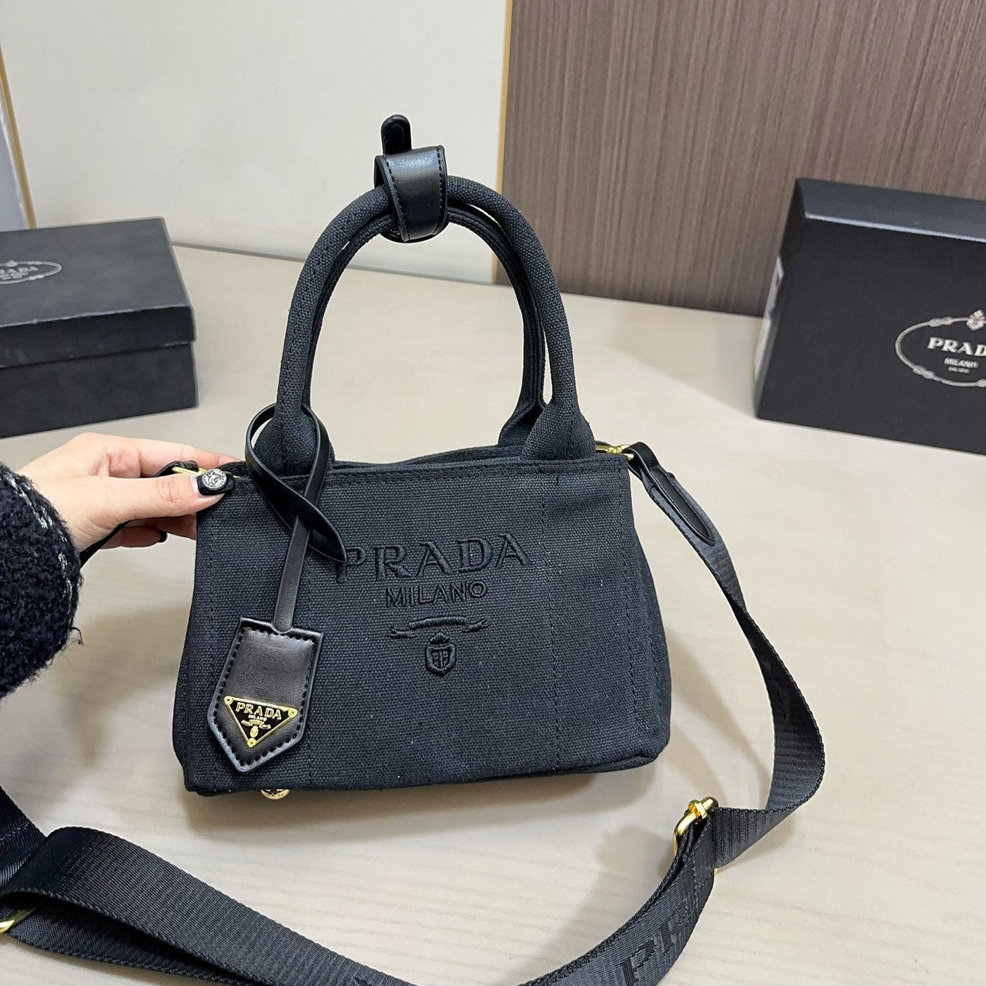 EMBOSSED LOGO MINI TOTE BAG 22 IN BLACK FABIC