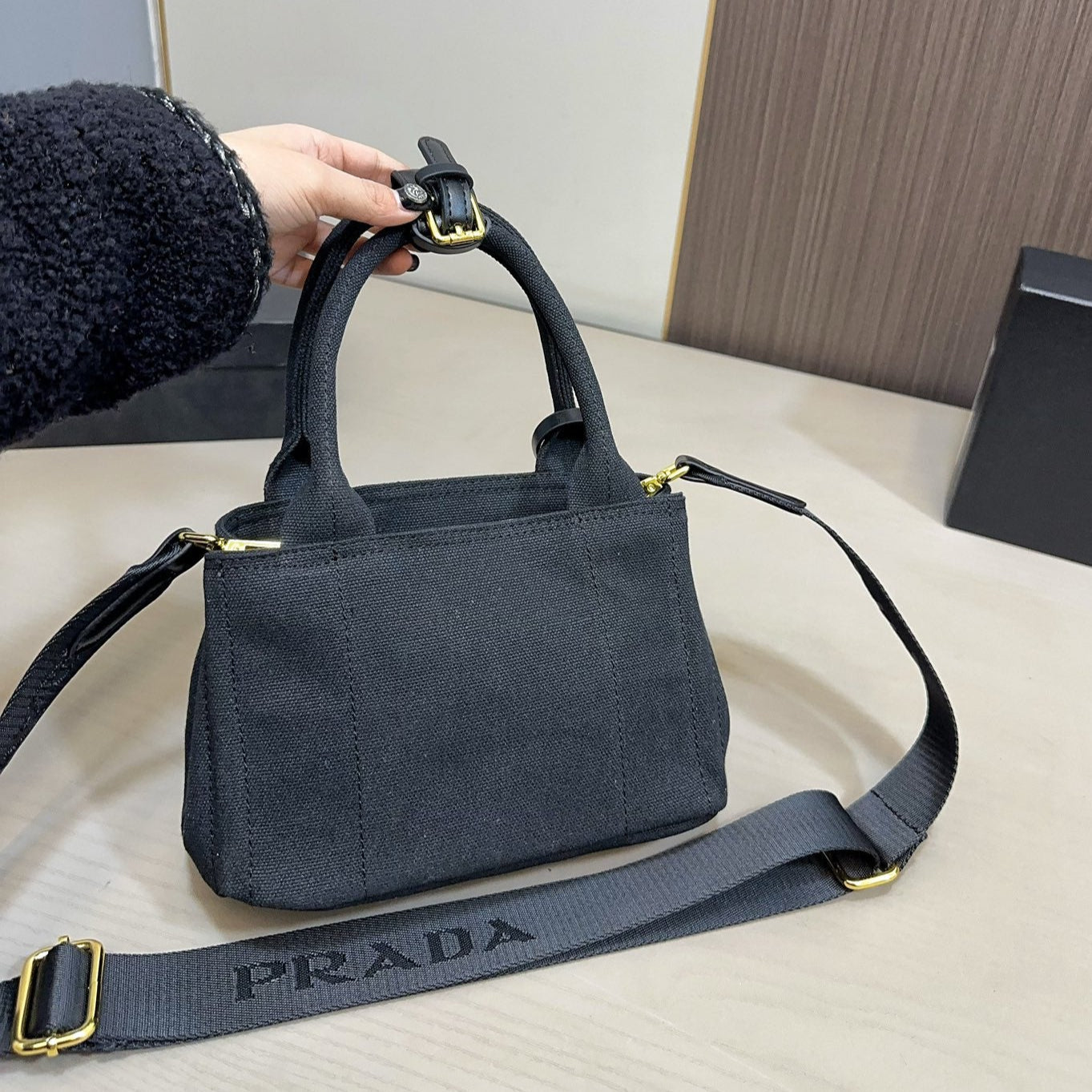 EMBOSSED LOGO MINI TOTE BAG 22 IN BLACK FABIC