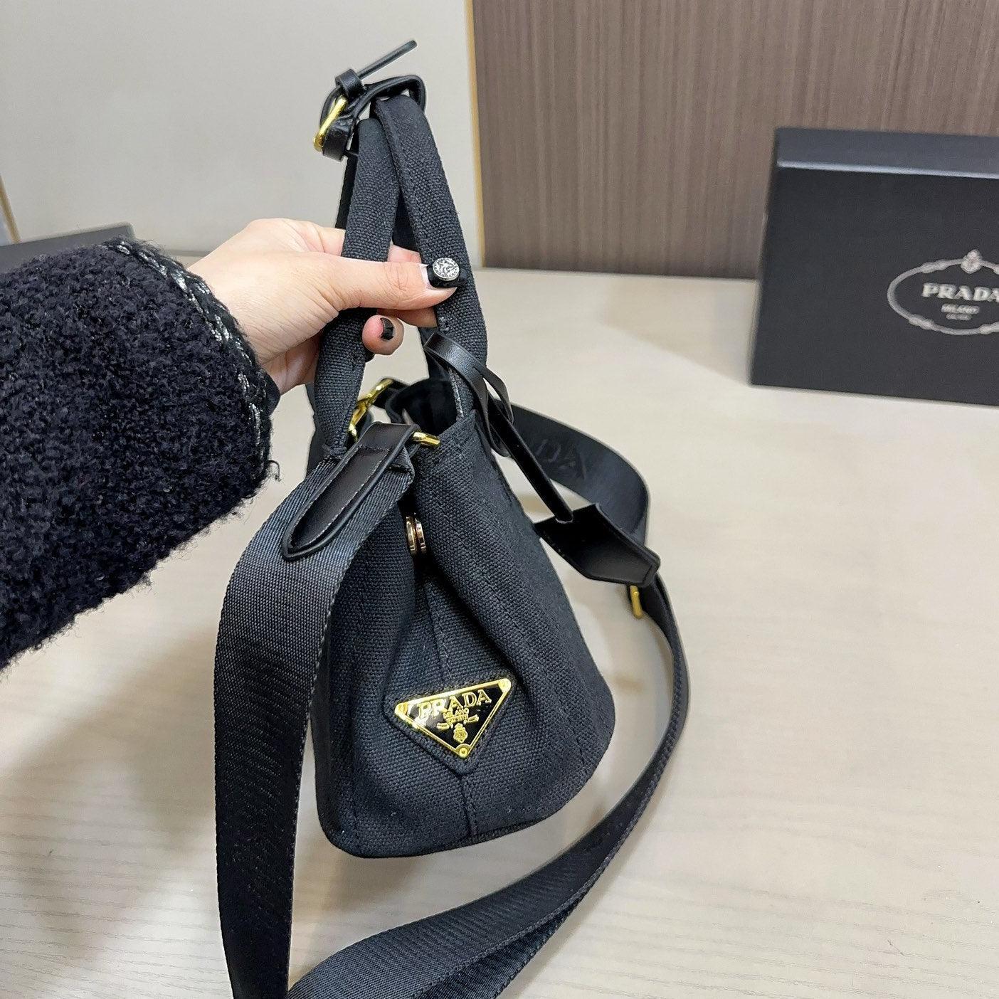 EMBOSSED LOGO MINI TOTE BAG 22 IN BLACK FABIC