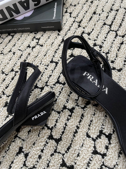 PRA TRIANGLE HEEL SATIN SANDALS BLACK
