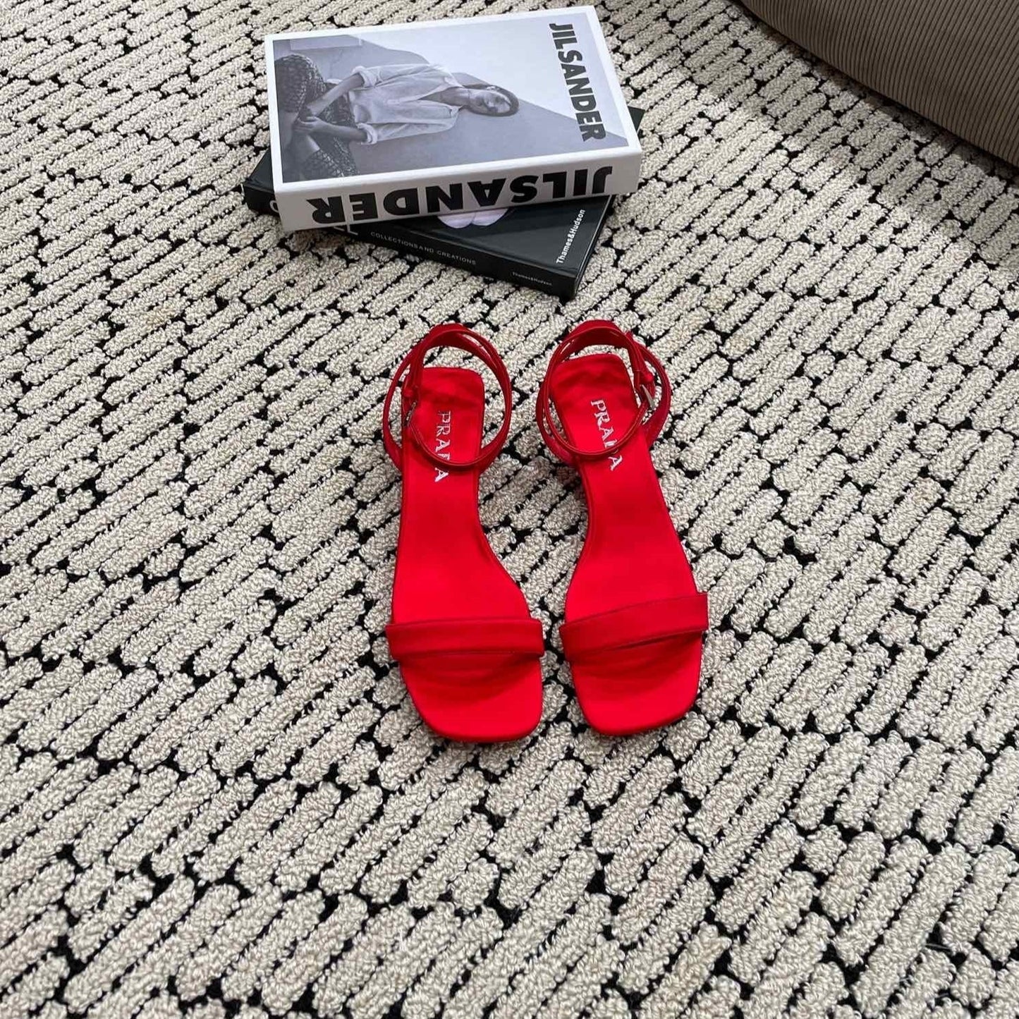 PRA TRIANGLE HEEL SATIN SANDALS CRIMSON