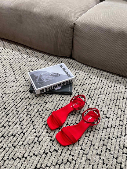 PRA TRIANGLE HEEL SATIN SANDALS CRIMSON