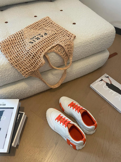 BOUNCING SNEAKERS WHITE CALFSKIN WITH ORANGE LACES