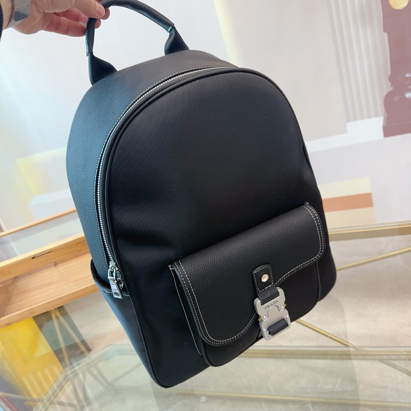 FRONT ZIP POCKET BACKPACK 40 IN BLACK SAFFIANO LEATHER