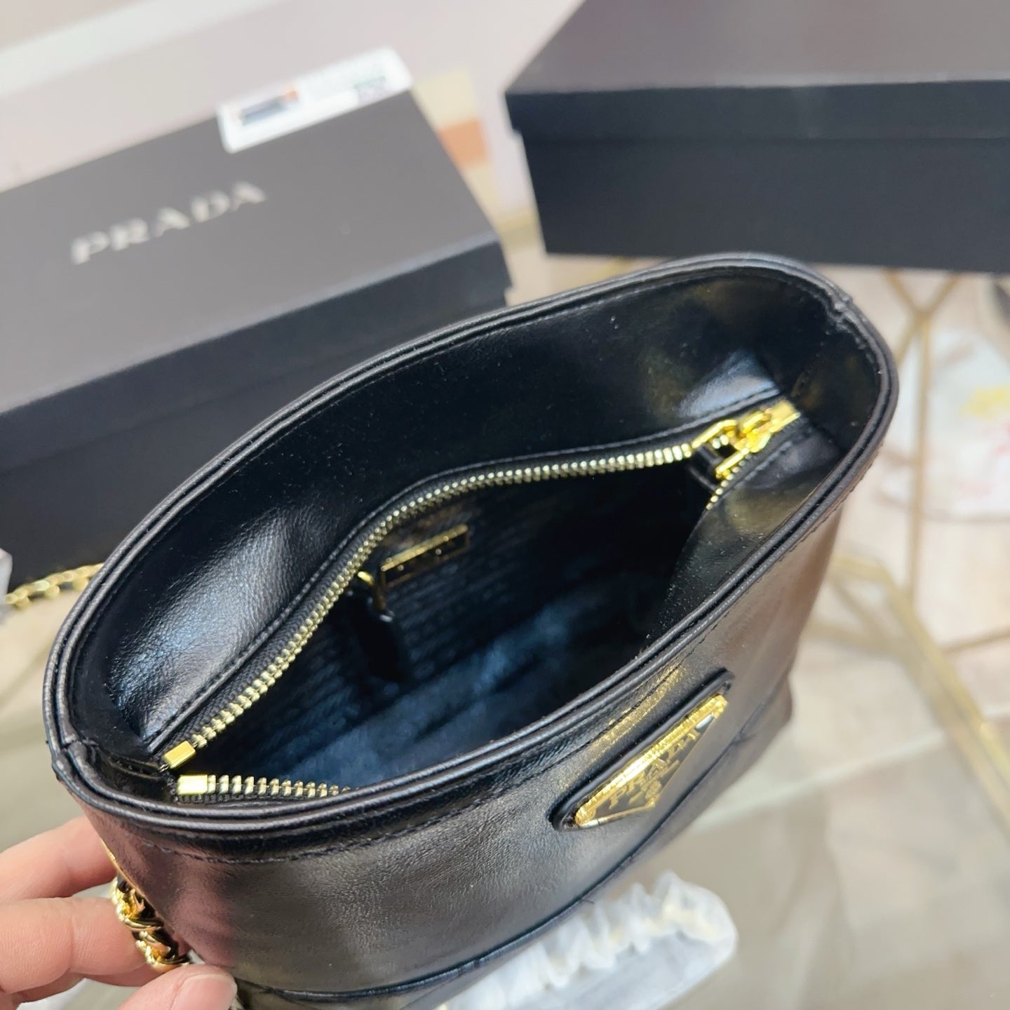 QUILTED CHAIN MINI HOBO BAG 19 IN SHINY BLACK CALFSKIN