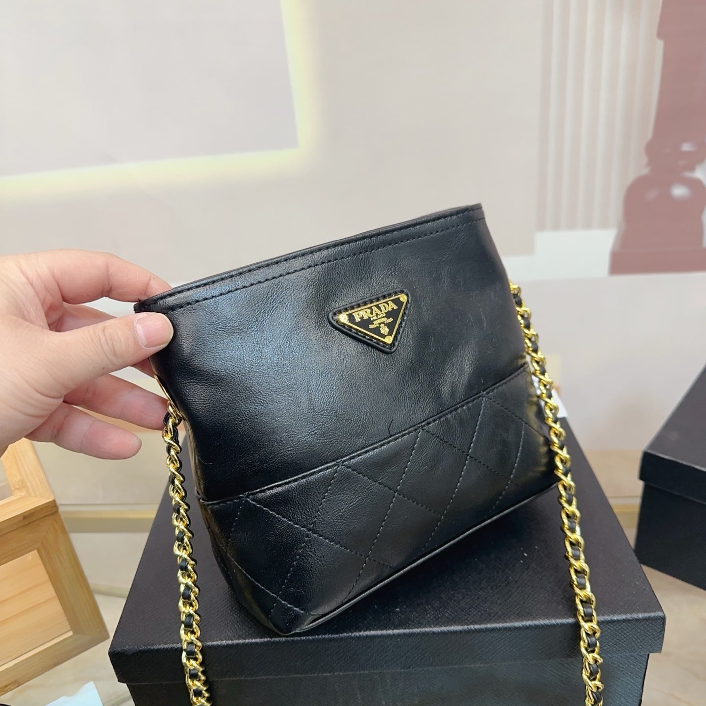 QUILTED CHAIN MINI HOBO BAG 19 IN SHINY BLACK CALFSKIN