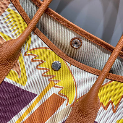 GARDEN PARTY 36 IN MULTICOLOR TOILE H CANVAS GOLD CALFSKIN TROPICAL STREETLINE ILLUSTRATION